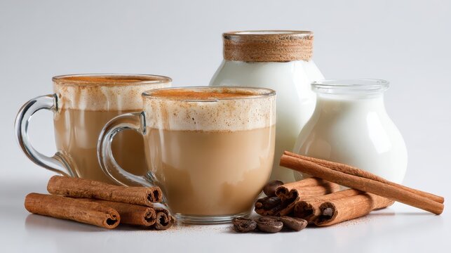 Rustic coffee cups with cinnamon sticks and roasted beans, warm beverage still life on wooden board, cozy cafe mood