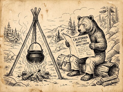 Vintage-style illustration of a grizzly bear wearing pants and sitting on a log by a campfire, reading a newspaper headlined California Admitted Into Union with a hanging cast-iron pot.