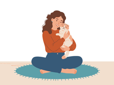 Woman Meditating With Small White Dog On Beach.