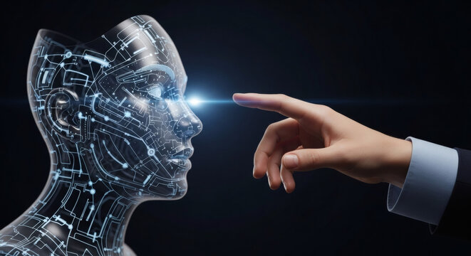 Human Finger Touching Digital Artificial Intelligence Robot Head Symbolizing Technological Connection and Future Innovation