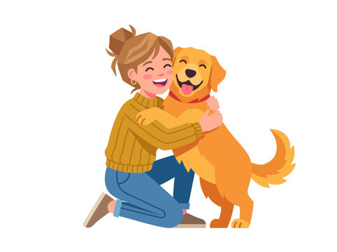 Young Girl Hugging Happy Golden Retriever Dog.