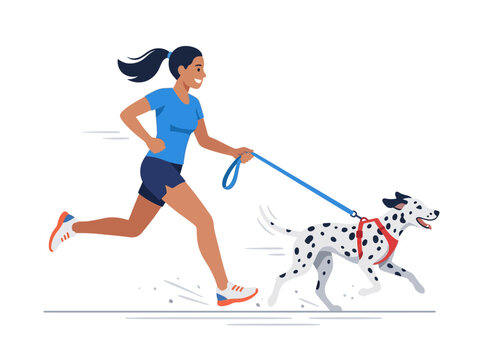 Woman Jogging With Energetic Dalmatian Dog Outdoors.