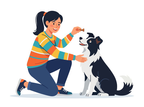 Young Girl Smiling While Petting Black And White Dog.