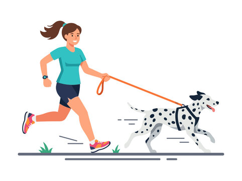 Woman Jogging With Dog On Leash Outdoors.