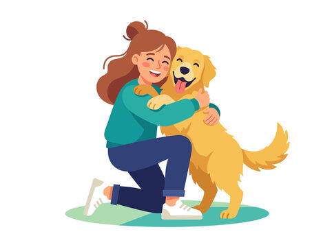Woman Hugging Happy Golden Retriever Dog Outdoors.