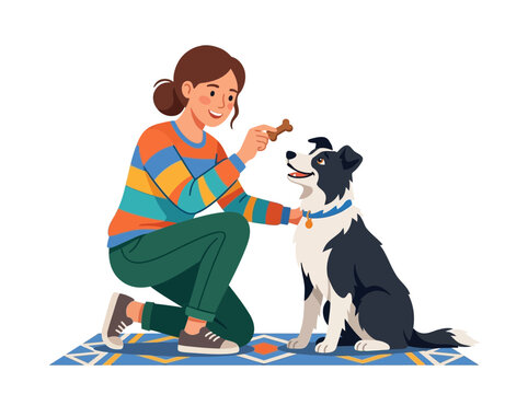 Woman Bonding With Black And White Dog Outdoors.