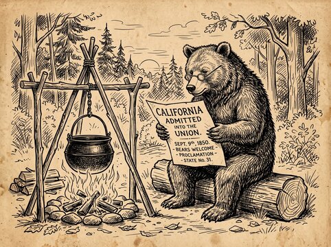 Vintage-style illustration of a grizzly bear wearing glasses, sitting on a log by a campfire and reading a newspaper with the headline California Admitted into the Union, set in a forest.