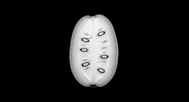 Abstract longitudinal section of fruit seed pod in monochromatic white tones.