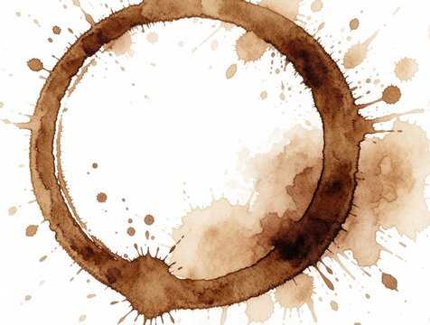 Brown coffee ring stain with splatters and spots on white paper. Abstract beverage mark shows liquid residue texture with varying shades of dark and light brown.