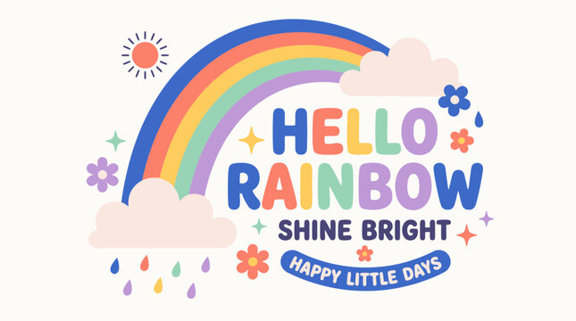 Boho rainbow vector illustration with Hello Rainbow text, cute nursery art with clouds and sun, colorful kids poster design