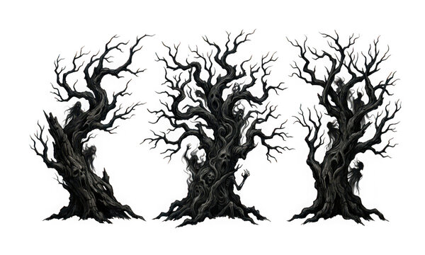 Three spooky haunted trees with ghosts and skulls isolated on transparent background