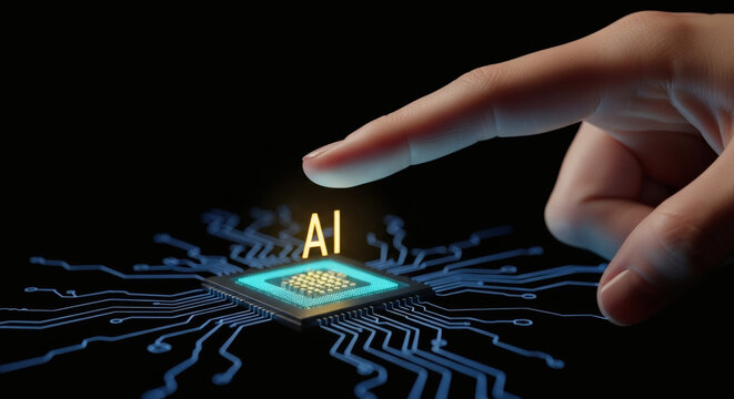 Human Touch Activating Artificial Intelligence Chip, Symbolizing Future Technology, Digital Innovation, and Machine Learning Progress