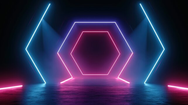 3d technology abstract neon light background, empty space scene, spotlight, dark night, virtual reality, cyber futuristic sci-fi background, street floor studio for mock up. colored geometric
