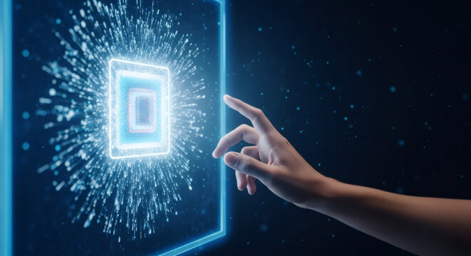 Futuristic Artificial Intelligence Processor Chip Concept with Hand Touching Digital Interface Screen
