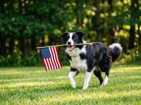 A happy Border Collie dog trotting across a grassy field while playfully holding a small American flag in its mouth on a sunny day with a forest background.