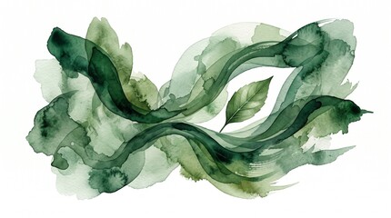 Obraz premium Abstract green watercolor splash with organic leaf, ethereal emerald ink wash on white, fluid botanical art for wedding stationery.