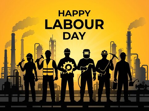 Happy Labour Day conceptual illustration featuring silhouettes of industrial workers, engineers, and construction laborers standing before a factory refinery plant backdrop under a golden sunrise sky.