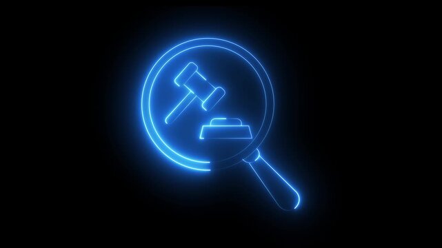 Neon glowing gavel inside magnifying glass for legal investigation and justice concepts