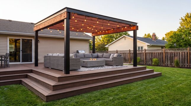 backyard pergola with fire pit lounge seating and string lights at dusk