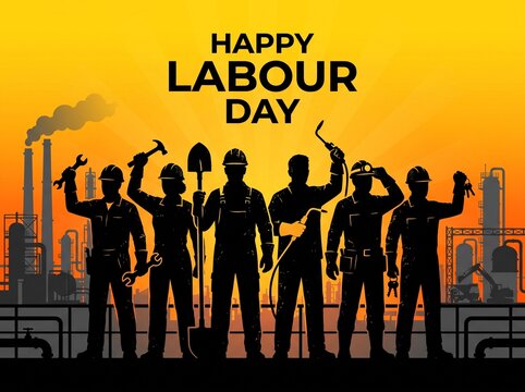 Silhouettes of industrial workers holding various tools against a vibrant sunset background with factory chimneys, celebrating Happy Labour Day, representing professional labor and industry.