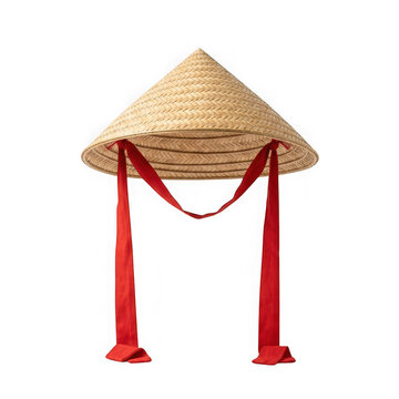 Traditional conical asian hat with red ribbons isolated on transparent background