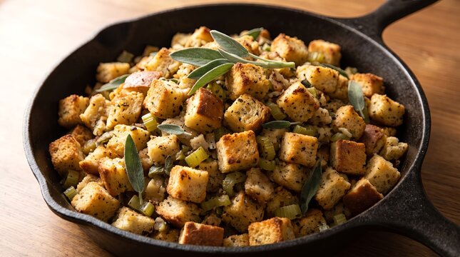 A rustic cast iron skillet filled with golden brown herb seasoned bread stuffing with sage