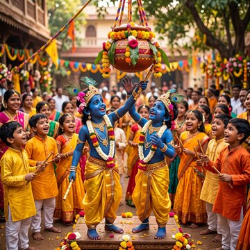 A vibrant celebration of Janmashtami featuring children dressed as Lord Krishna, reaching for a traditional hanging dahi handi pot amidst a joyful, festive crowd in a decorated outdoor setting.