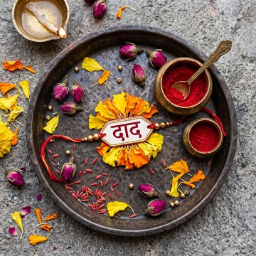 A traditional Raksha Bandhan celebration setup featuring a decorative Rakhi with the Hindi word Dad, rose buds, marigold petals, and vermillion powder in a brass tray on a textured gray background.