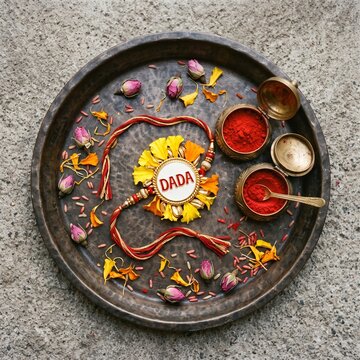 A traditional Indian brass puja thali featuring a Rakhi bracelet inscribed with the word DADA, surrounded by marigold petals, rose buds, and small bowls filled with red vermilion powder.