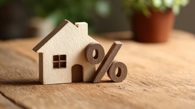Wooden house with percent symbol, home mortgage interest rate concept on rustic table, real estate finance and loan savings
