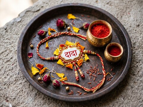 A traditional Rakhi thread with the Hindi word 'Dada' on a decorative metal plate adorned with rose petals, marigold flowers, and small brass bowls containing vermilion powder for Raksha Bandhan