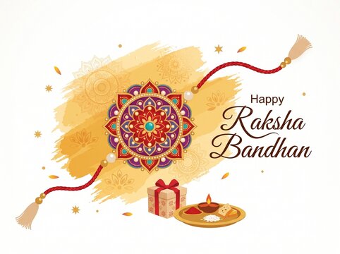 Decorative Happy Raksha Bandhan greeting card featuring a colorful traditional Rakhi thread, a gift box, and a puja thali against a textured golden watercolor background.