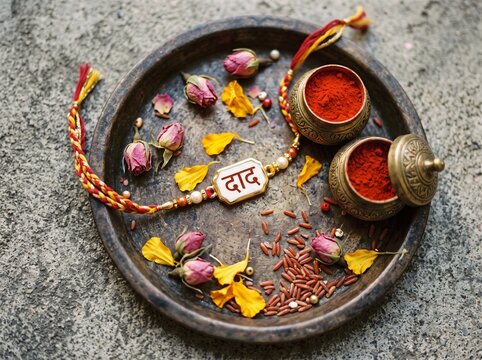A top-down view of a traditional Raksha Bandhan ritual plate featuring a 'Dad' inscribed rakhi, brass bowls filled with vermilion powder, scattered marigold petals, and small rosebuds.
