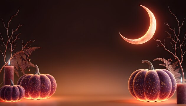 Halloween Background with Glowing Pumpkins, Crescent Moon, and Candles