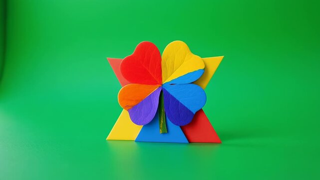 Colorful geometric origami spinner with clover leaves in motion against a green background