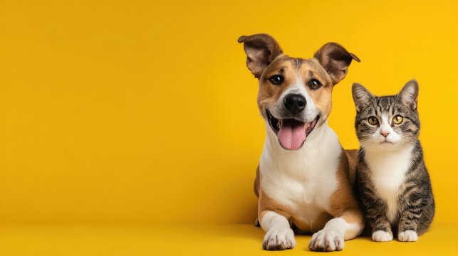 Cute puppy and kitten on yellow background, happy pet portrait, small dog and cat friendship for adoption marketing