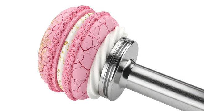 Pink macaron cookie with white cream filling attached to a metallic stand base.