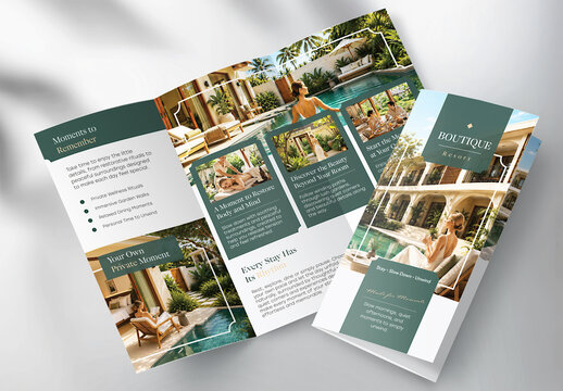Boutique Resort Trifold Brochure Template for Luxury Hotel and Tropical Hospitality
