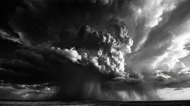 Monochrome storm cell with massive cumulonimbus clouds and dramatic rain shafts over a flat dark landscape in striking black and white