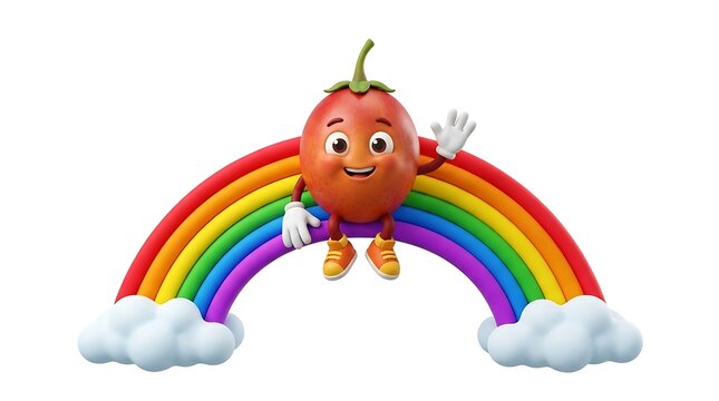 A cheerful red tomato mascot character with a friendly face and gloves sitting on a bright multi-colored rainbow with white clouds, perfect for kids projects, educational materials, and fun designs.