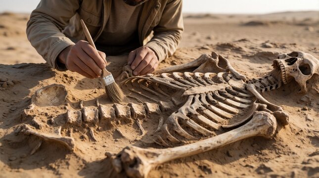 Archaeologist gently brushes sand from ancient human skeleton remains at desert dig site. Careful excavation uncovers old bones. Discovering past secrets with scientific method.