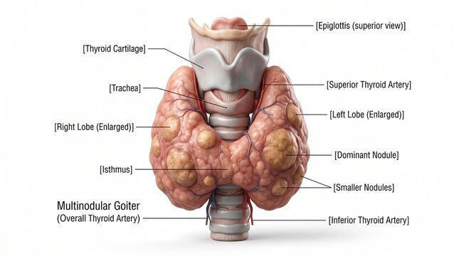 Pathology illustration of thyroid gland with nodules and anatomical labels, endocrine