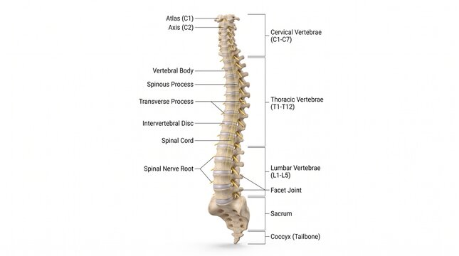 Anatomical diagram of human vertebral column and spinal segments with vertebrae