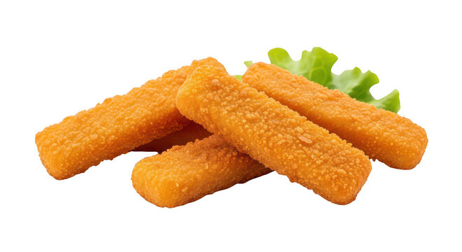 Crispy fried fish fingers with green lettuce garnish on transparent background.