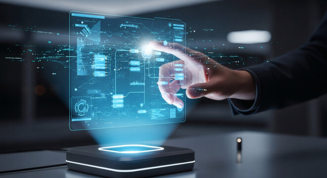 Futuristic Holographic Interface Projected from Device with Person Touching Digital Screen