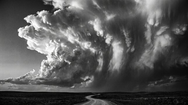 Stark black and white storm cell with towering cumulonimbus clouds and a winding dirt road through an open plain under dramatic skies