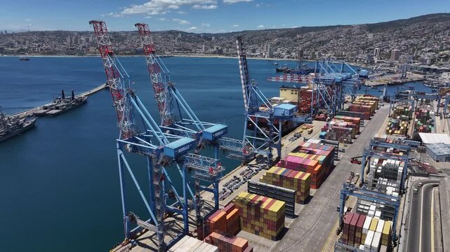 Aerial view of container terminal operations at the Valpara&iacute;so Port in Chile, South America