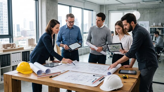 Professional architects reviewing blueprints in office, engineering team planning construction project, diverse colleagues discussing floor plans