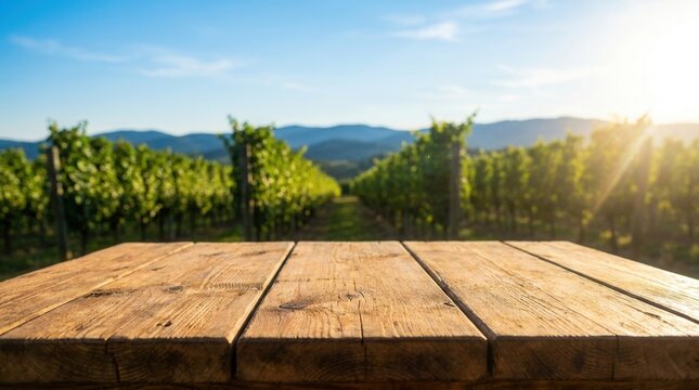 Wooden table foreground featuring a background of sunlit vineyard rows and a hilly landscape.