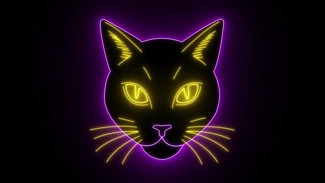 Neon cat head sign glowing with vibrant yellow and purple light, minimalist animal animation for modern digital backgrounds and nightlife branding